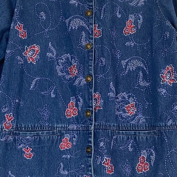 Alia Jean Jacket Womens 2X Blue Cotton Embroidered Flowers Pockets Metal Buttons - Picture 2 of 10